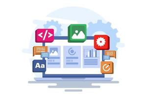Concept of developer building a website Front-end user interface, UI UX, Software development, Web design, App design, Coding, Web development. Flat illustration on background. vector