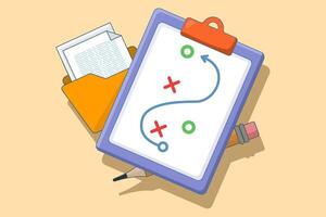 Planning strategy concept. Business tactics. Pencil and clipboard. Graphic project analysis. Scheme of actions on a white sheet. Plan to achieve the goal. Flat illustration on a background. vector