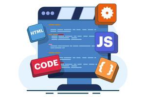 Computer programming concept, Java, HTML symbols, web design, software, application design, programming language, development, website. Flat illustration on background. vector