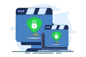 Security software concept that protects multiple digital devices from cyber attacks, Website is protected by access, Data privacy, flat illustration on background. vector
