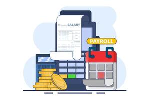 payroll system concept, online income calculation and automatic payment, administrative accounting office or calendar payment date, computer with online payroll. flat illustration on background. vector