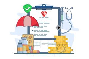 Healthcare concept explained through attractive visuals on the theme of co-payments, coverage and deductibles, featuring interaction with financial elements, flat illustration on the background. vector