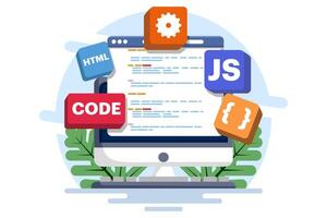 Computer programming concept, Java, HTML symbols, web design, software, application design, programming language, development, website. Flat illustration on background. vector