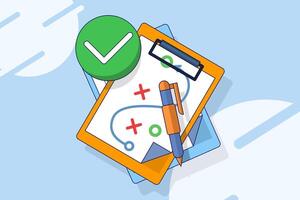 Planning strategy concept. Business tactics. Pencil and clipboard. Graphic project analysis. Scheme of actions on a white sheet. Plan to achieve the goal. Flat illustration on a background. vector