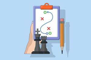 Planning strategy concept. Business tactics. Pencil and clipboard. Graphic project analysis. Scheme of actions on a white sheet. Plan to achieve the goal. Flat illustration on a background. vector