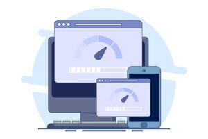 Internet speed concept. Smartphone, laptop and computer with internet connection speed test on screen, internet download speed and network performance on flat web page illustration. vector