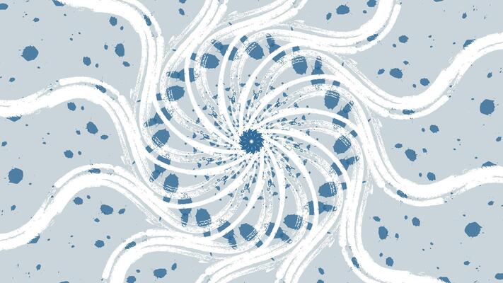 a spiral pattern of textured white lines with scattered blue splatters on a light gray background. The design evokes a dynamic, swirling motion with a distressed, grunge-like aesthetic