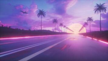 Endless Road with Palm trees at Sunset SynthWave Style Background Loop video