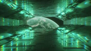 Sci-Fi Futuristic Tunnel with Neon Lights in Space with Planet Earth View video
