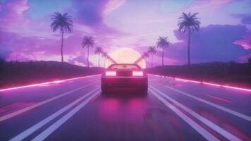 Riding Car with Endless Road and Palms at Sunset Time Synthwave Loop video