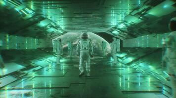 Astronaut Walking Between other Astronauts In Futuristic Sci-Fi Tunnel with Planet Earth View video
