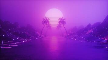 Foggy Glowing SynthWave Style Endless Road with Palm trees and Sun Loop video