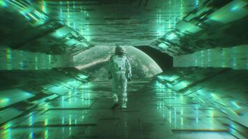 Astronaut Walking In Futuristic Sci-Fi Tunnel with Planet Earth View video