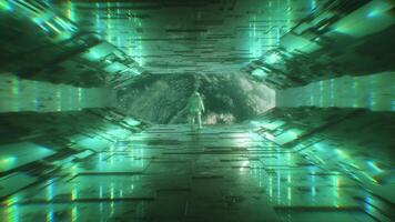 Astronaut in Sci-Fi Tunnel Looking to the Planet Earth video