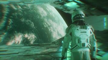 Astronaut Walking in Sci-Fi Futuristic Tunnel with Neon Lights and Planet Earth View video