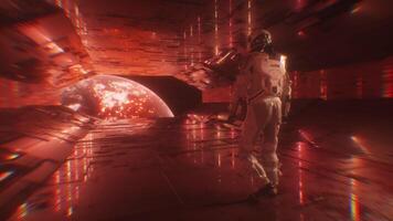 Sci-Fi Astronaut Walking In Tunnel with view on Apocalyptic Burning Planet Earth video