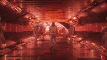 Astronaut Walking in Tunnel Between other Astronauts at View of Apocalyptic Planet Earth video
