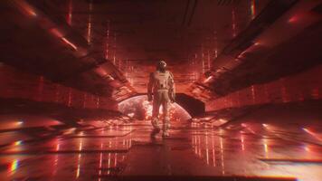 Astronaut Walking In Sci-Fi Neon Lights Tunnel with view on Apocalyptic Burning Planet Earth video