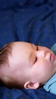 Beautiful Caucasian baby boy with a soft toy in hands. Nice kid distracts from a toy looking at camera and then turns to his toy again. Close up. Blue backdrop. Vertical video