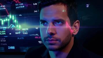 Indian arabic businessman man male financial analyst AI holographic stock exchange monitor graph growth investment portfolio drop price profit buy sell cryptocurrency crypto business video