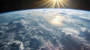 Planet earth space astronomy cinematic background science exploration orbit glowing sun glimpse flare glare sunlight rays satellite global world view illuminated stars planets connection video