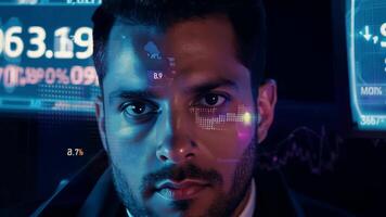 Indian arabic businessman man male financial analyst AI holographic stock exchange monitor graph growth investment portfolio drop price profit buy sell cryptocurrency crypto business video