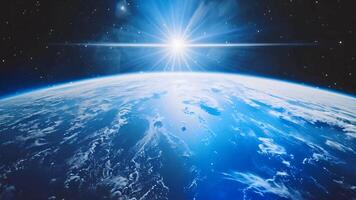 Planet earth space astronomy cinematic background science exploration orbit glowing sun glimpse flare glare sunlight rays satellite global world view illuminated stars planets connection video