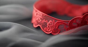 Red lace headband resting on delicate gray fabric photo