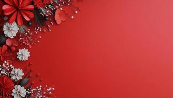 Vibrant red background adorned with various red and white flowers in spring arrangement photo