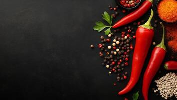Fresh red chili pepper, garlic, and spices arranged on a black textured surface photo