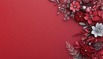 Vibrant red background adorned with various red and white flowers in spring arrangement photo