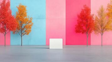 Modern art installation with cylindrical sculpture in vibrant gallery setting photo