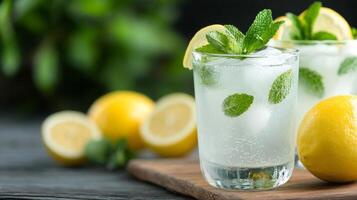 Refreshing lemon mint drinks served with fresh lemons and herbs in bright kitchen setting photo