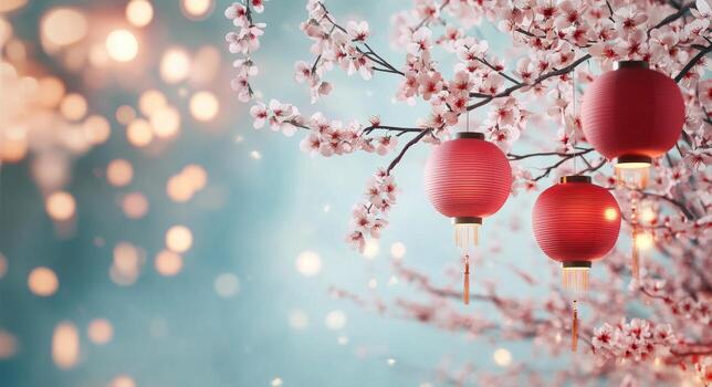 Spring cherry blossoms with colorful lanterns in a tranquil setting photo