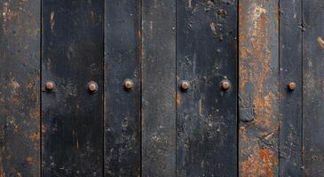 Rustic wooden boards with rusted nails on an old barn wall in natural light photo