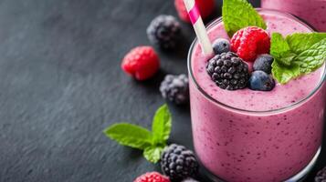 Berry smoothie with mint leaves served on a slate plate photo