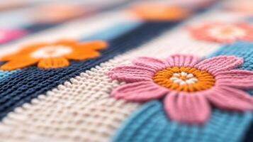 Colorful floral embroidery on fabric with intricate designs and patterns photo