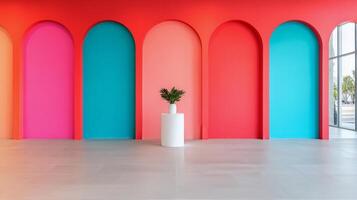 Modern art installation with cylindrical sculpture in vibrant gallery setting photo