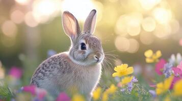 A young girl poses beside a rabbit in a field of pink flowers during springtime photo