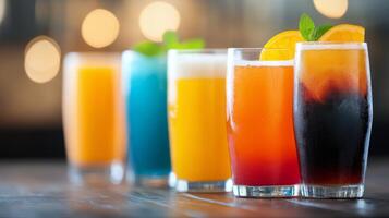 Colorful cocktails on a wooden table at a lively bar during a sunny afternoon photo