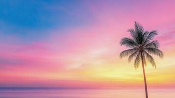 Beautiful sunset over the ocean with a single palm tree on the sandy beach photo