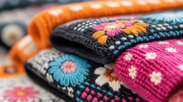 Colorful floral embroidery on fabric with intricate designs and patterns photo