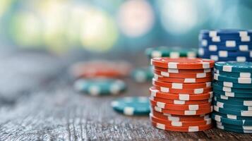 Stacks of colorful poker chips on a wooden table with blurred background lights photo