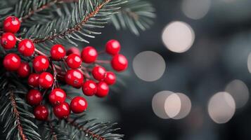 Frosted red berries and evergreen branches with soft glowing lights during winter photo