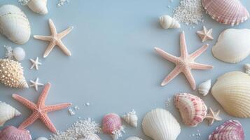 Colorful seashells and starfish arranged on a light blue background for beach decor photo