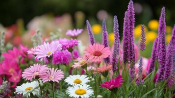 Colorful flowers bloom under warm lights at a garden party in spring photo