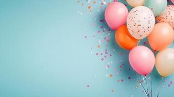 Colorful balloons and confetti scattered on a blue background for a festive celebration photo