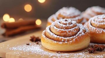 Freshly baked cinnamon rolls on a wooden board with a sprinkle of powdered sugar photo