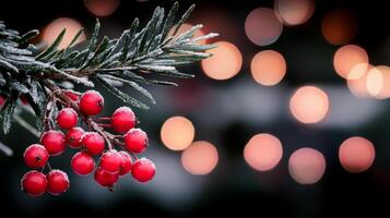 Frosted red berries and evergreen branches with soft glowing lights during winter photo