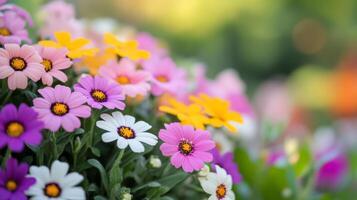 Colorful daisies in bloom with soft focus background during a sunny spring day photo